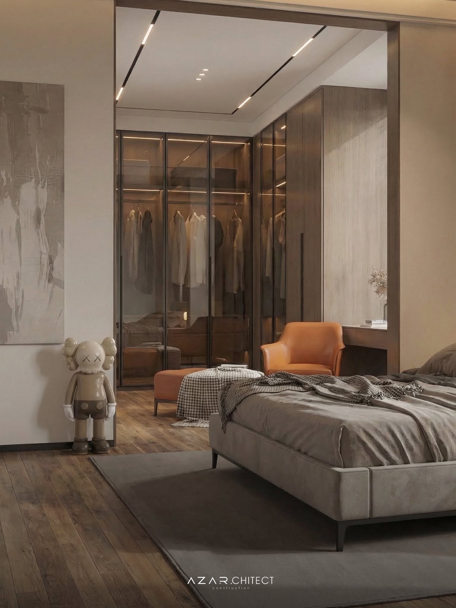 Biệt thự nhà phố hiện đại 2026: Kiến trúc sang trọng tại Kien Villa Đà Nẵng Hệ tủ quần áo cánh kính tích hợp đèn LED bên trong giúp người dùng dễ dàng tìm đồ đạc.