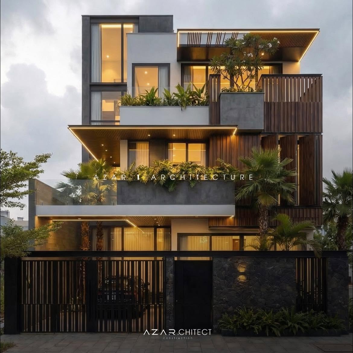 Biệt thự nhà phố hiện đại 2026: Kiến trúc sang trọng tại Kien Villa Đà Nẵng Mặt đứng của biệt thự nhà phố hiện đại lung linh dưới ánh đèn LED viền mái hiên.